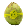 Green coconut with a yellow 'Coco Brasil' label on a white background