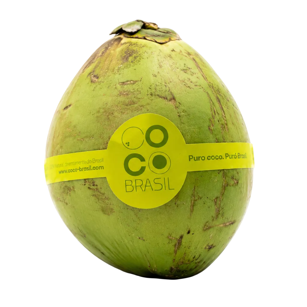 Green coconut with a yellow 'Coco Brasil' label on a white background