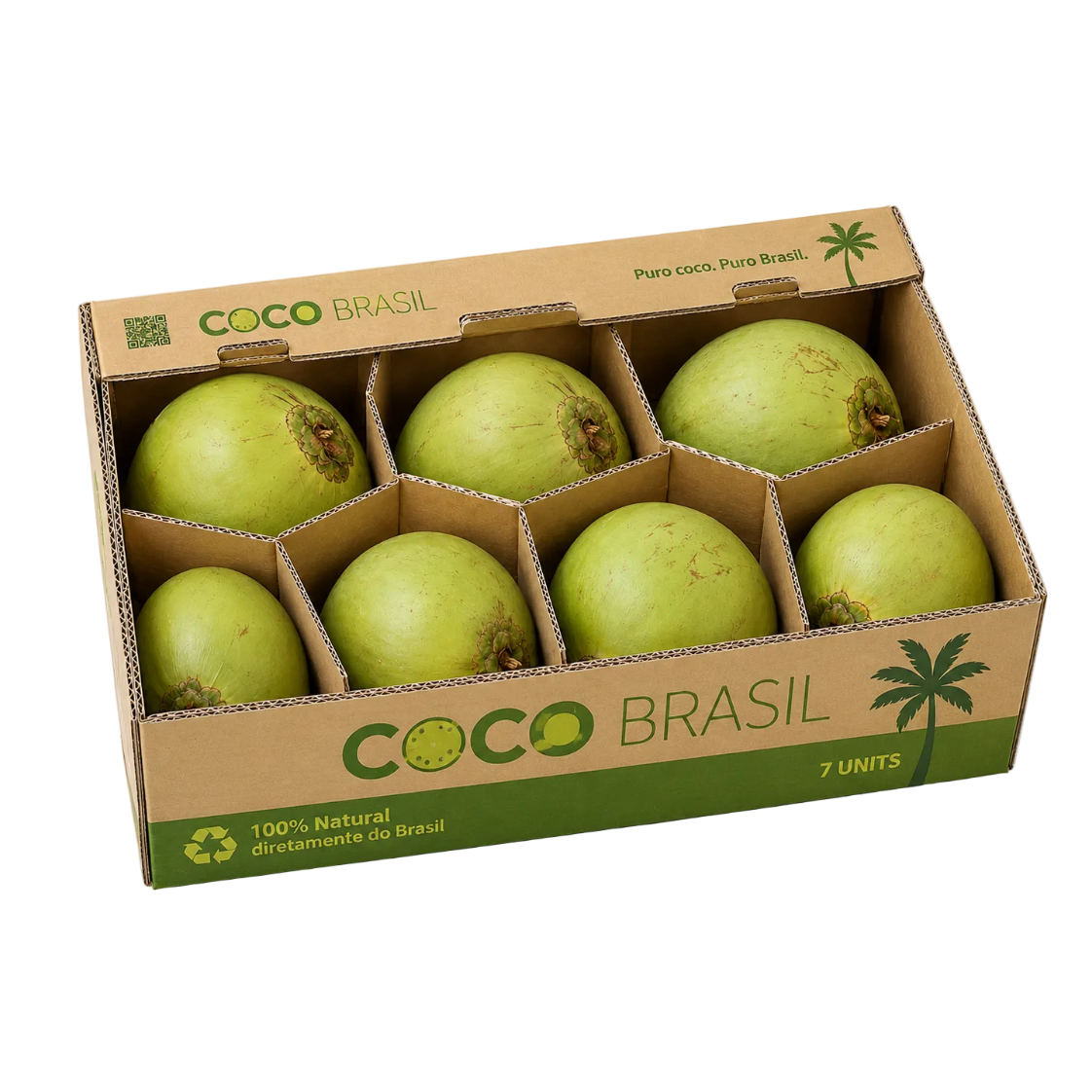 Box of green coconuts with 'Coco Brasil' branding on a white background