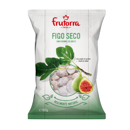 Packaging of Frutorra brand dried figs with apricot flavor, weight 500g, prominently displaying the product and brand name, and an image of fresh figs and leaves.