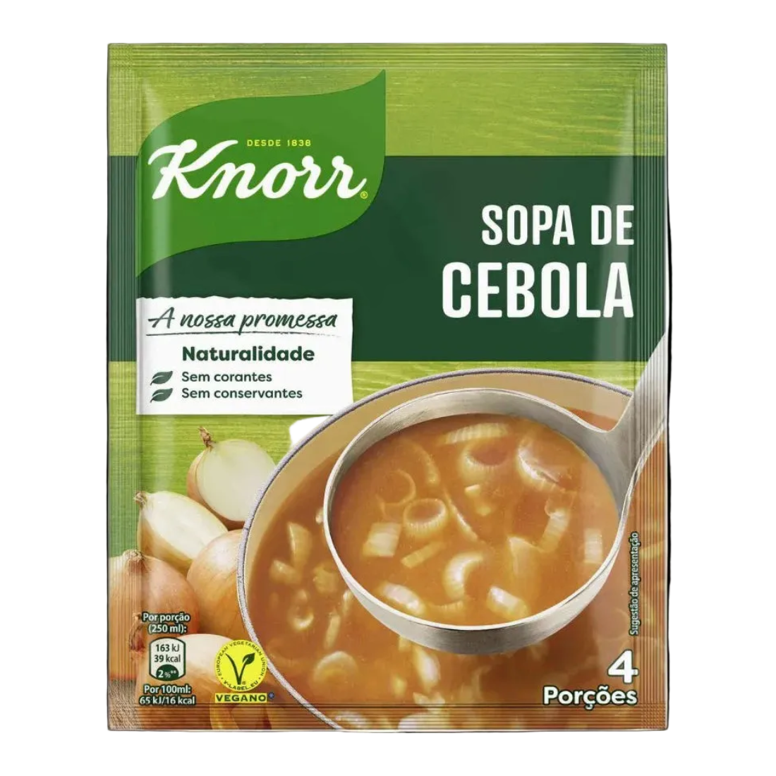 A package of Knorr Sopa de Cebola (garlic soup) seasoning packet, featuring a green and dark green design with a picture of a ladle filled with the soup and garlic cloves.