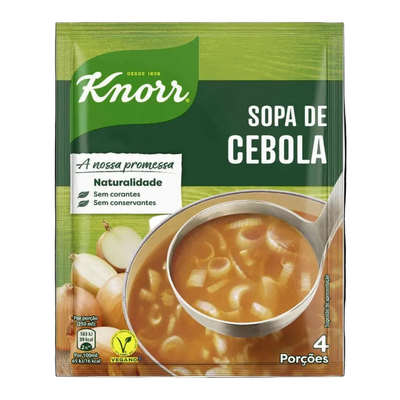 A package of Knorr Sopa de Cebola (garlic soup) seasoning packet, featuring a green and dark green design with a picture of a ladle filled with the soup and garlic cloves.