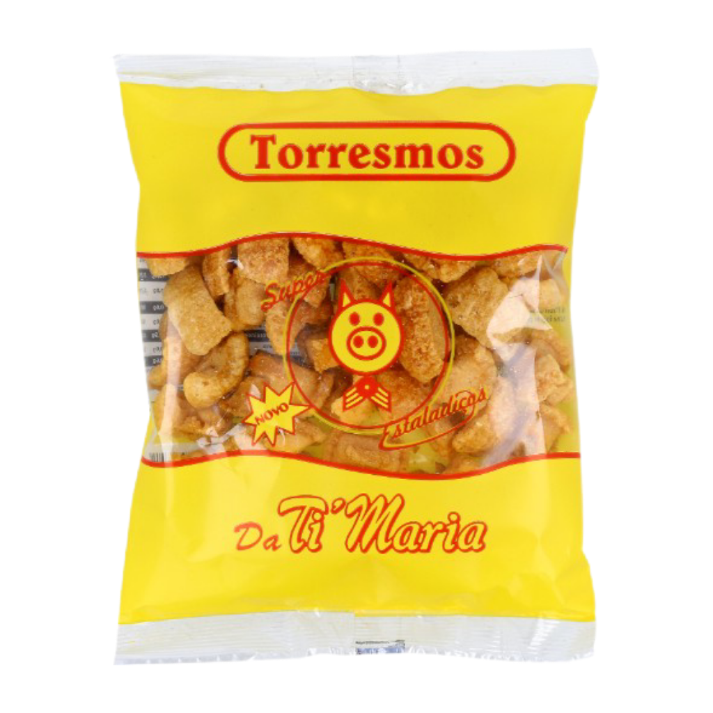 Yellow package of Torresmos snacks with a visible brand logo on a white background