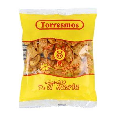 Yellow package of Torresmos snacks with a visible brand logo on a white background
