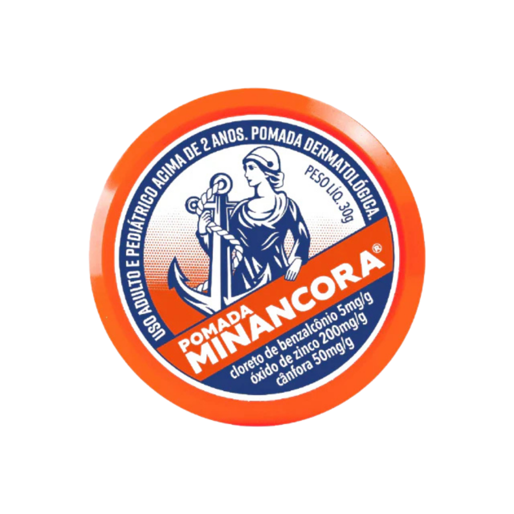 A round orange and blue container of Pomada Minancora skin cream, featuring a white, blue, and orange label with a classical figure holding an anchor.