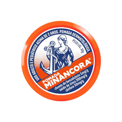 A round orange and blue container of Pomada Minancora skin cream, featuring a white, blue, and orange label with a classical figure holding an anchor.