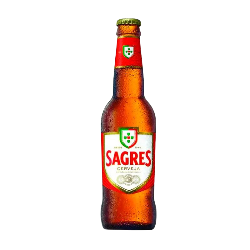 A bottle of Sagres beer with a red label, green and white branding, and a visible barcode.