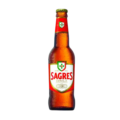 A bottle of Sagres beer with a red label, green and white branding, and a visible barcode.