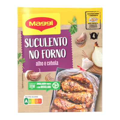 Maggi food packaging with roasted chicken and ingredients on a white background