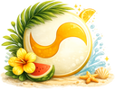 Illustration of a beach scene with a sand dollar, lemon, watermelon, and tropical leaves on a white background.