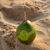 Coconut with a straw on sandy beach