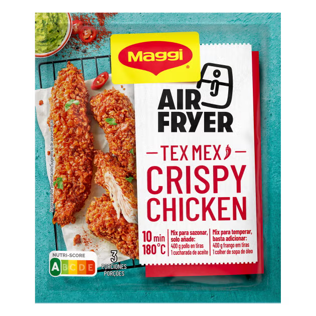 Maggi Air Fryer Tex Mex Crispy Chicken seasoning packet on a blue background
