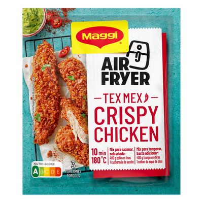 Maggi Air Fryer Tex Mex Crispy Chicken seasoning packet on a blue background