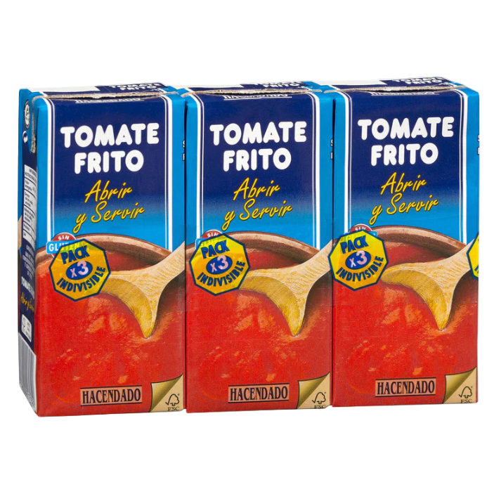 Three boxes of Tomate Frito with a wooden spoon illustration on a white background