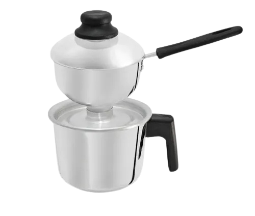 Stainless steel double boiler with black handles on a white background