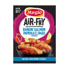 Margão Air-Fry seasoning mix packaging with salmon dish on a black background