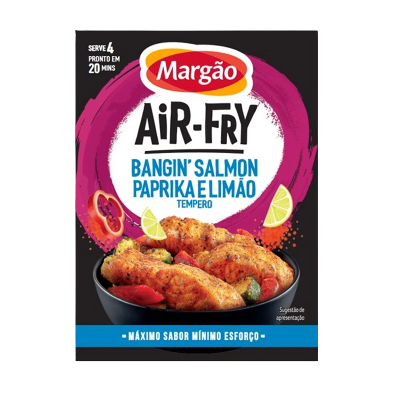 Margão Air-Fry seasoning mix packaging with salmon dish on a black background