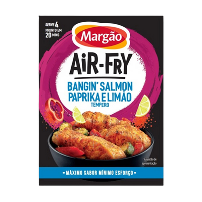 Margão Air-Fry seasoning mix packaging with salmon dish on a black background