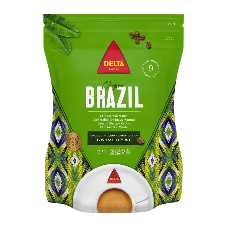 A package of Delta brand Brazil coffee, ground, in a green bag with a white and green pattern. The bag indicates a weight of 220g and suggests a universal grind.