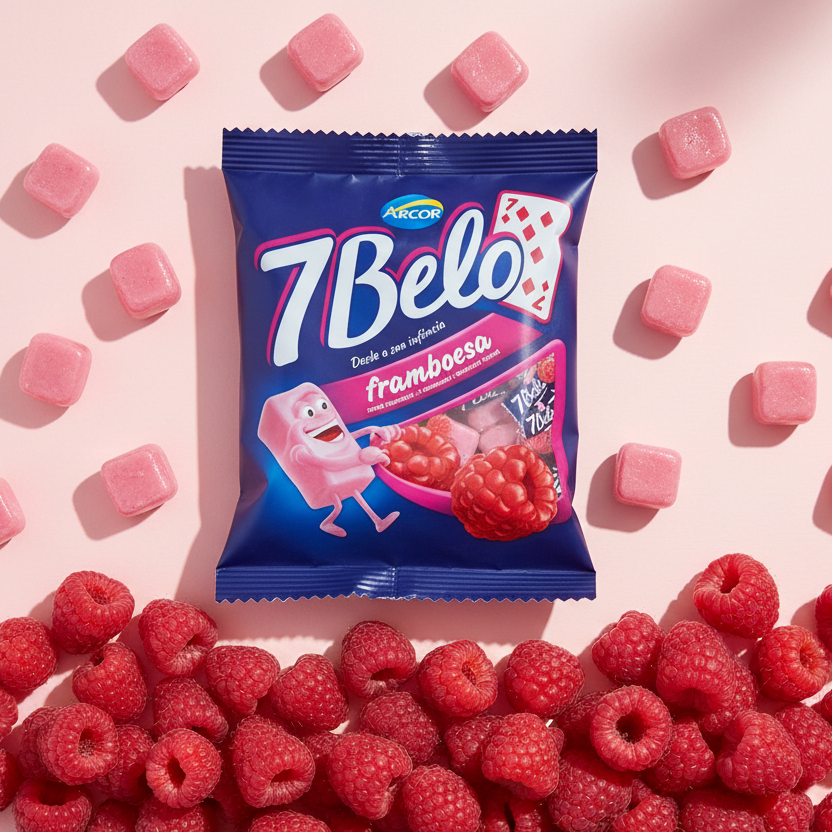 7Belo raspberry candy package surrounded by pink candies and raspberries on a pink background