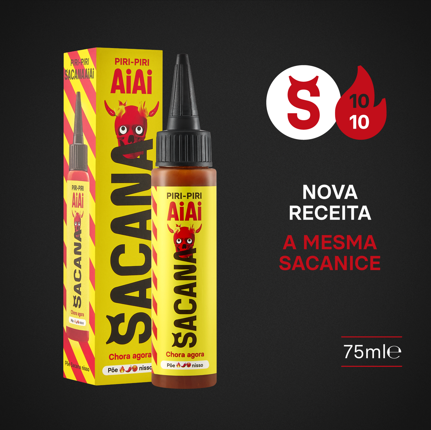 Sacana spicy sauce packaging with bottle and box on a black background