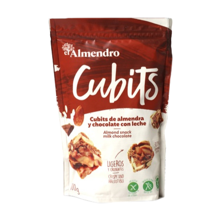 Packaging of El Almendro Cubits Milk Chocolate, showing a red and white bag with images of the cubed chocolates and almonds.