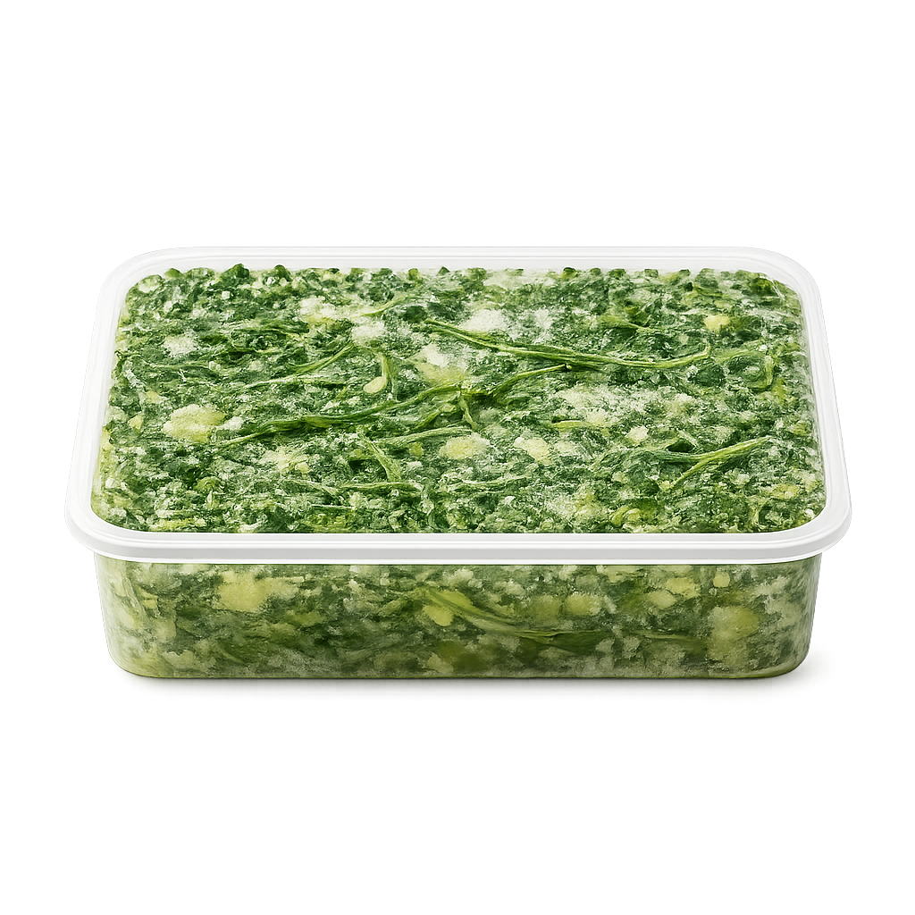 Frozen green vegetable mix in a clear plastic container on a white background