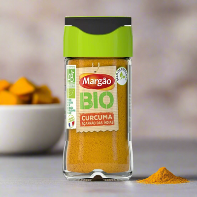 Jar of Margão Bio Curcuma spice with a blurred background