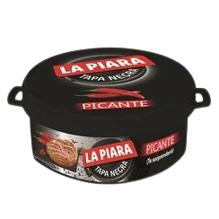 Black container of La Piara Picante on a white background