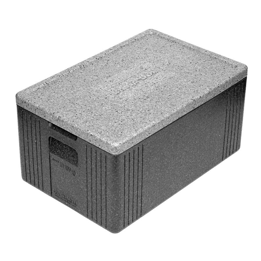 Rectangular plastic box with a textured gray lid on a white background