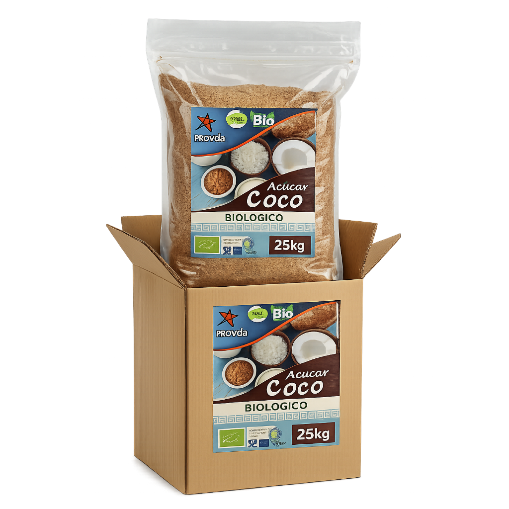 25kg bag of Provida Bio Acucar Coco Biologico organic coconut sugar displayed in an open brown cardboard box on a white background.