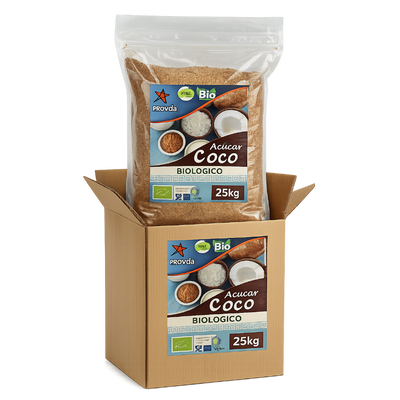 25kg bag of Provida Bio Acucar Coco Biologico organic coconut sugar displayed in an open brown cardboard box on a white background.
