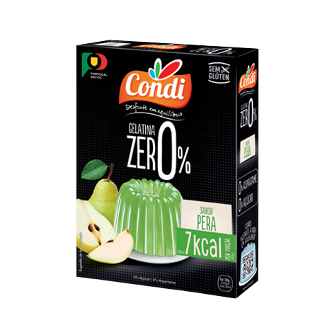 Packaging of Condi Gelatin Zero Pear, displaying the product name and the pear flavor, with an image of a green jelly on the front.
