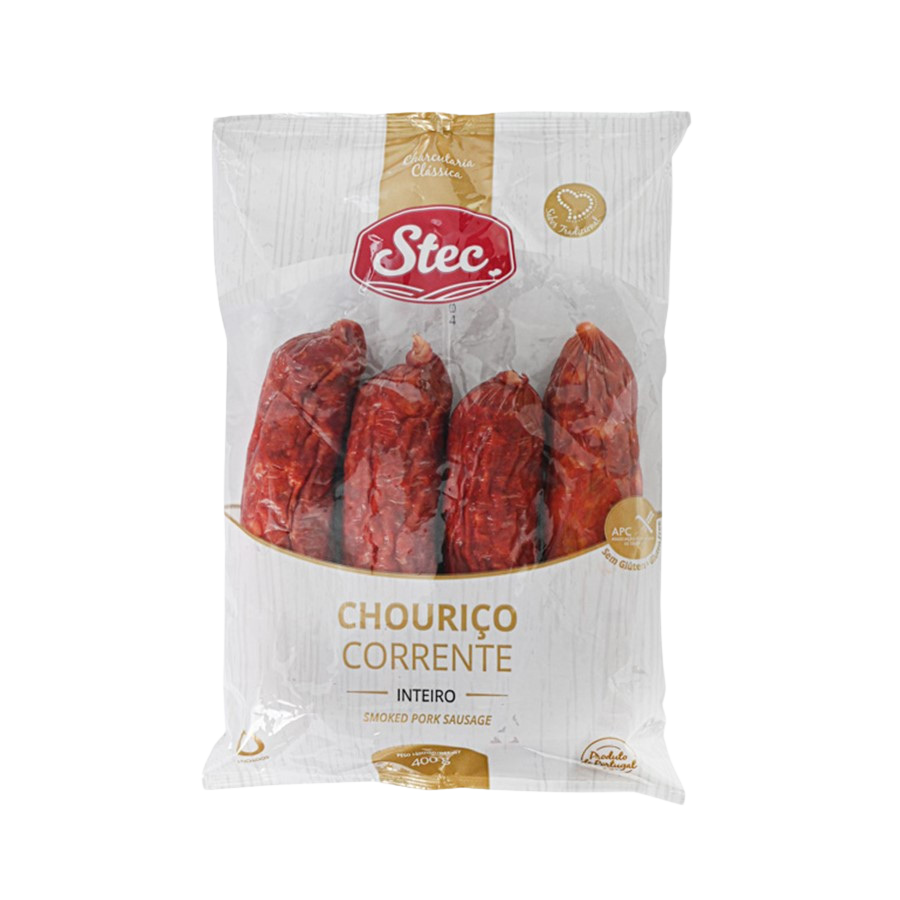Packaged dried pork sausages with Stec branding on a white background