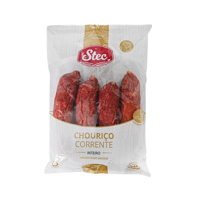 Packaged dried pork sausages with Stec branding on a white background