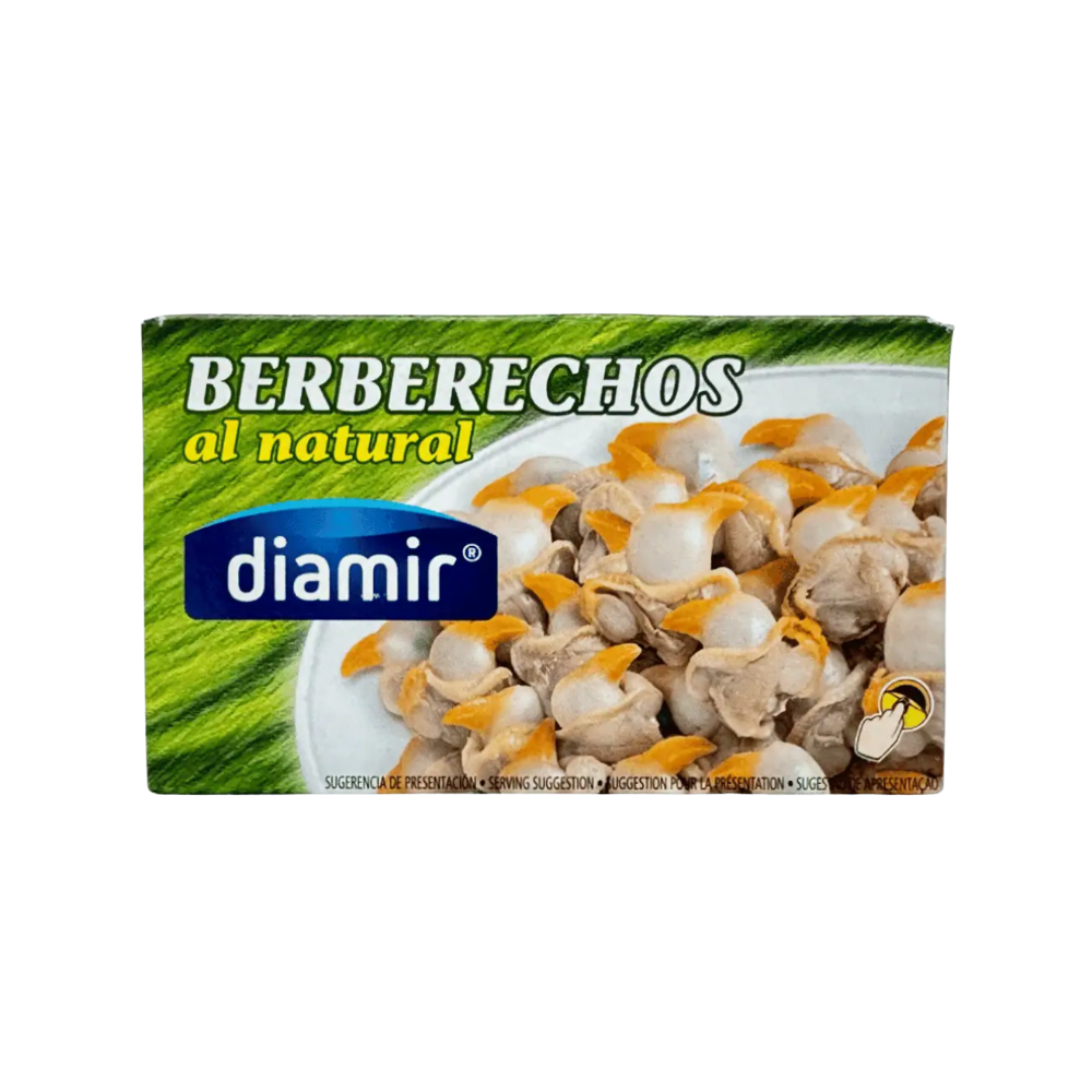 Packaging of Diamir Berberechos al natural with a bowl of food on a white background