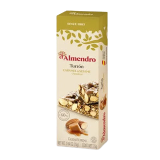 A package of El Almendro Turron Caramel, showing the product name and an image of the caramel and turron pieces.