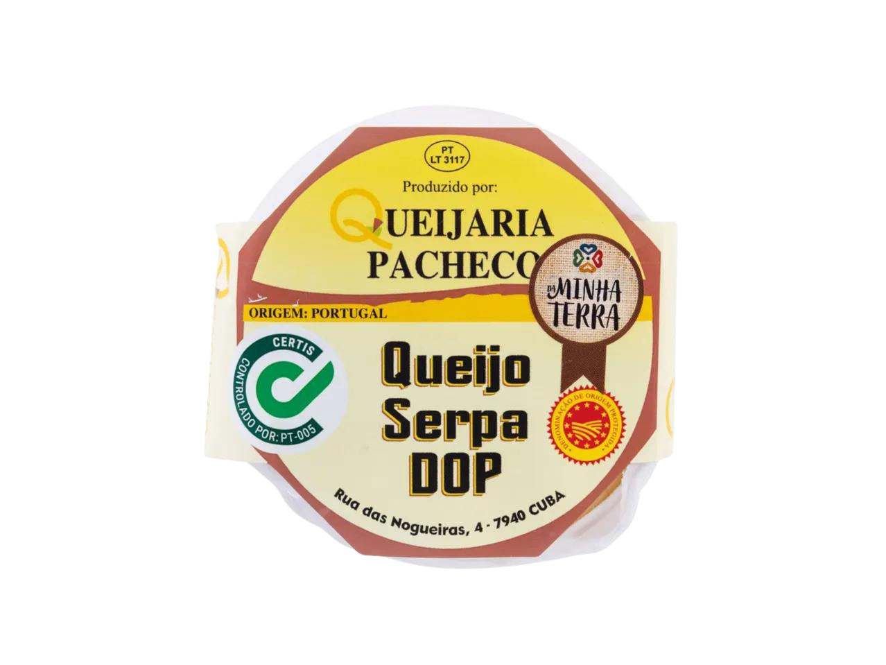 Packaging label for Serpa PDO Sheep Cheese featuring product branding and certification logos.