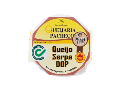 Packaging label for Serpa PDO Sheep Cheese featuring product branding and certification logos.