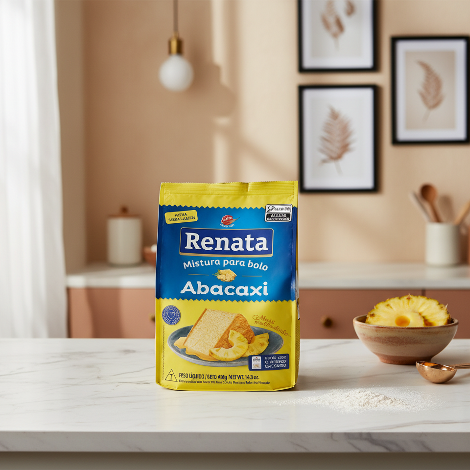 Renata Abacaxi package on a kitchen counter with a bowl of pineapple slices.