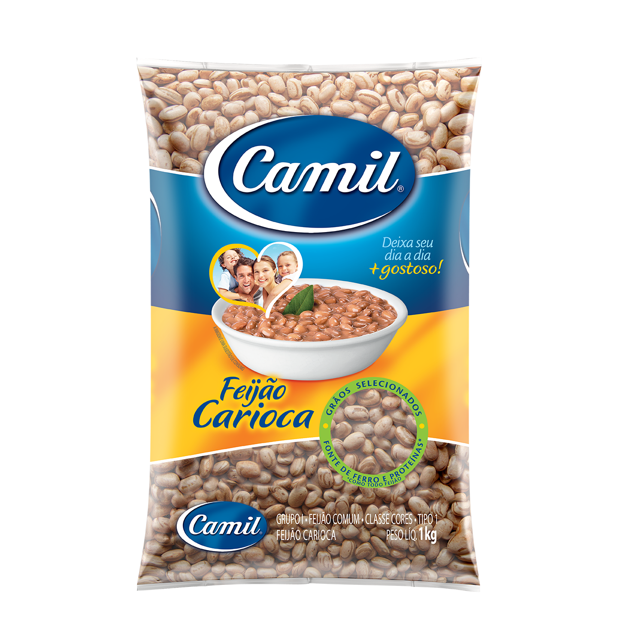 Package of Camil Carioca Beans, 1kg, with product information and branding visible.