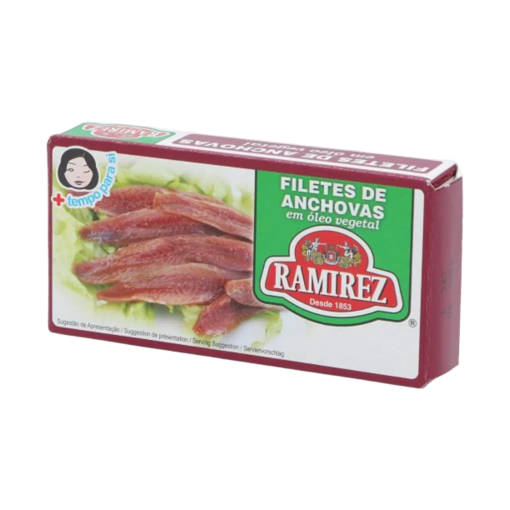 Packaging of Ramirez anchovy fillets in oil showing the brand logo, anchovies on lettuce, and product details.