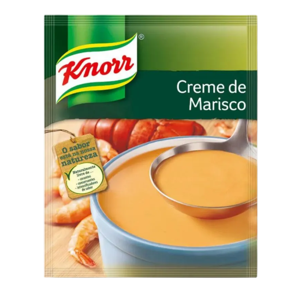 Packaging of Knorr Seafood Cream Soup with an image of the soup served in a bowl.