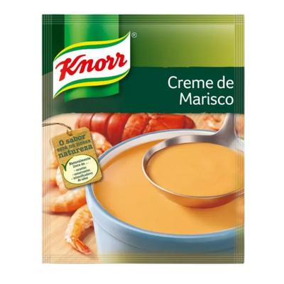 Packaging of Knorr Seafood Cream Soup with an image of the soup served in a bowl.