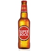 A bottle of Super Bock beer with a red label and cap, displaying the product name and volume information.