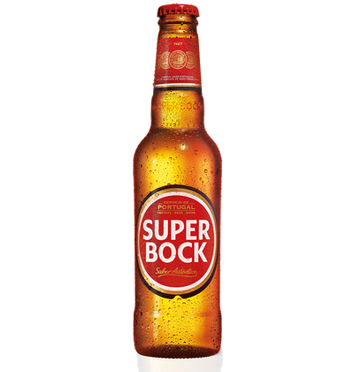 A bottle of Super Bock beer with a red label and cap, displaying the product name and volume information.