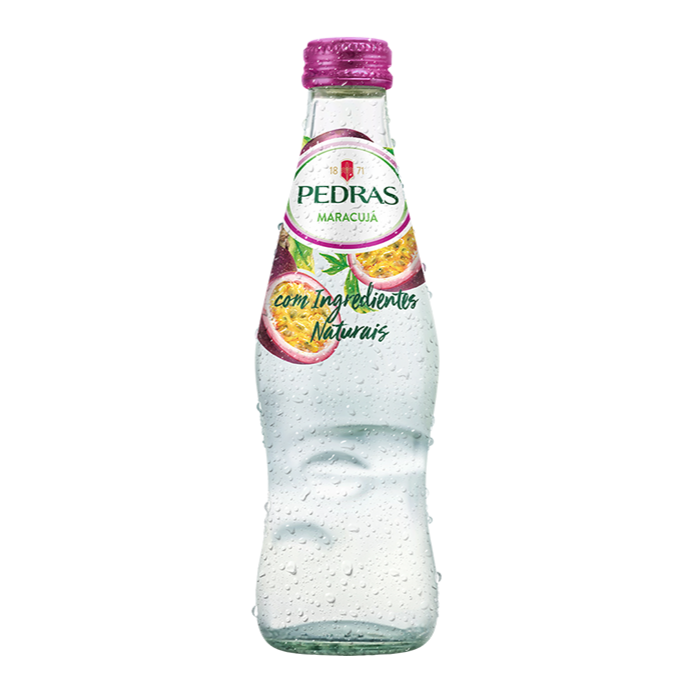 A bottle of Pedras Salgadas Passion Fruit Mineral Water with Sparkling, 250ml.